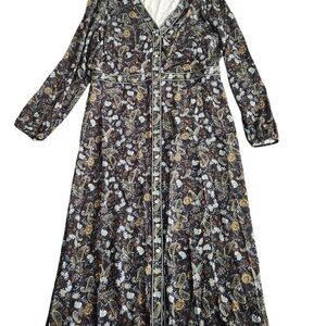 J Jill Long Sleeve Paisley Floral Button Front Maxi Dress Women L Brown Cottage